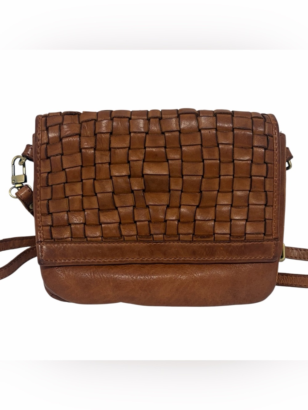 Vintage Brown Small Woven Leather Multi-Compartment Crossbody